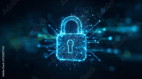 Wallpaper Mural A luminous lock symbol forms from countless glowing particles, swirling in a digital void. The fragments pulse with neon light, creating an abstract shield of energy that embodies futuristic . Torontodigital.ca