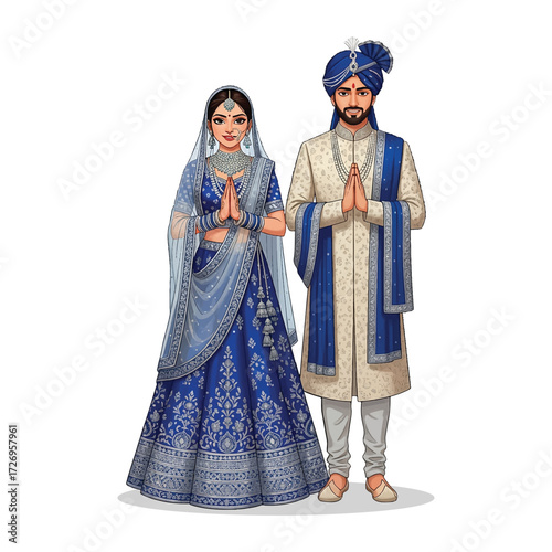 Traditional Indian Bride and Groom in Wedding Attire Illustration