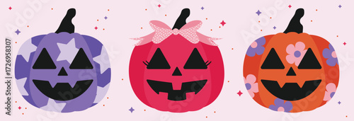 Three halloween pumpkins stars ribbon flowers