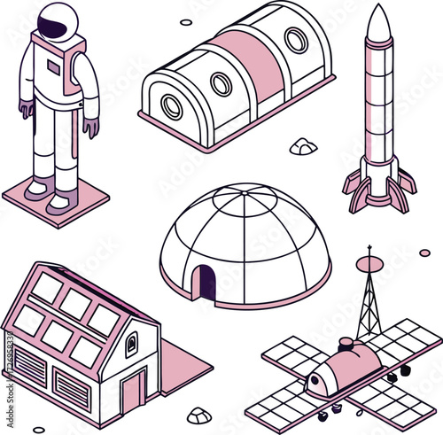 Isometric exploration set showing space travel with astronaut, rocket, and satellite for educational or scientific concepts, originally vector graphics