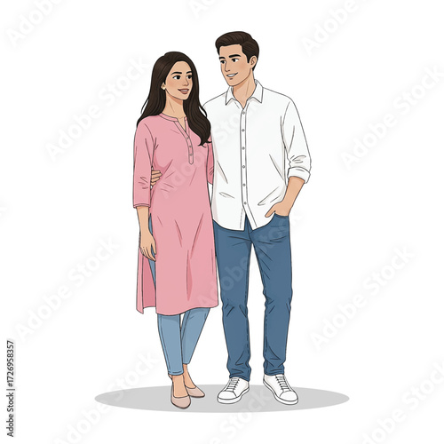 Young Indian Couple Standing Together Illustration