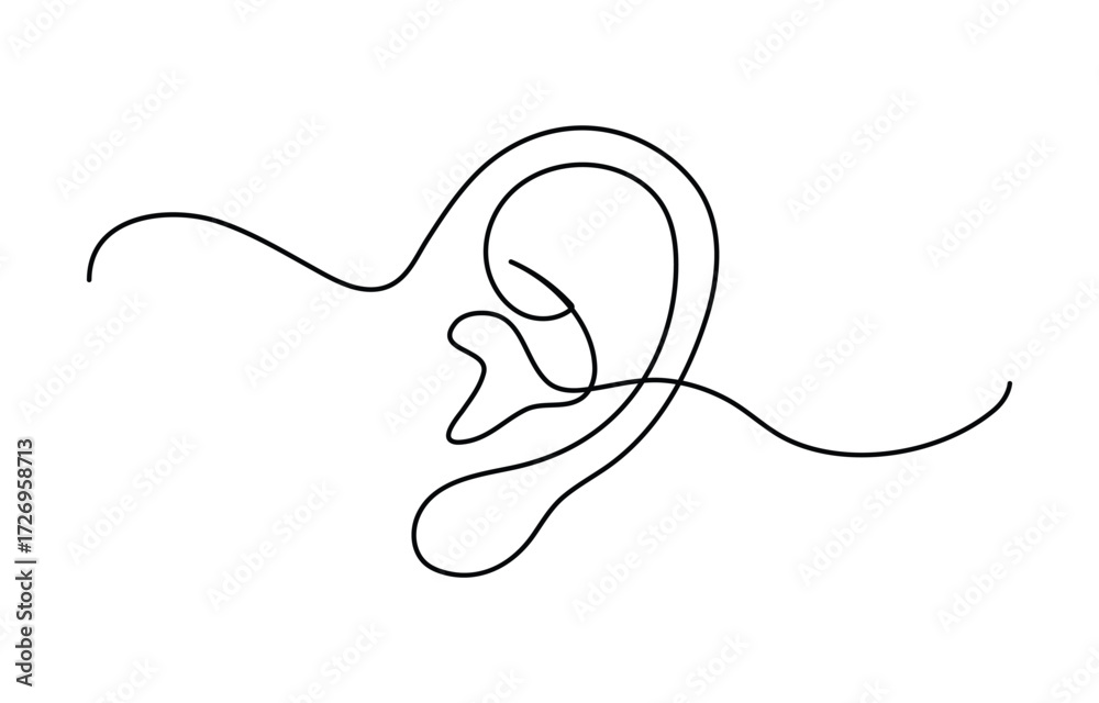 Obraz premium Continuous one line drawing of human ear with sound waves one line drawing illustration icon, Human ear continuous one line art outline vector minimalist design,