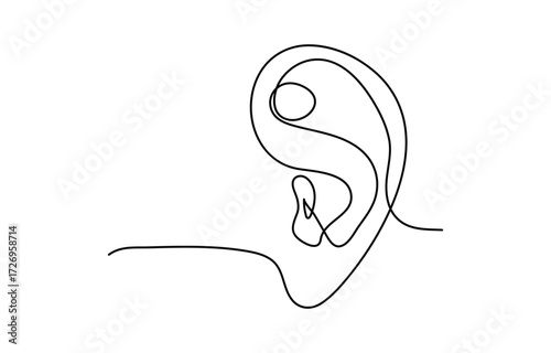 Continuous one line drawing of human ear with sound waves one line drawing illustration icon,
Human ear continuous one line art outline vector minimalist design,