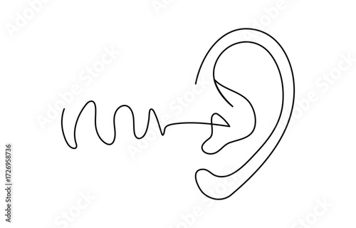 Continuous one line drawing of human ear with sound waves one line drawing illustration icon,
Human ear continuous one line art outline vector minimalist design,