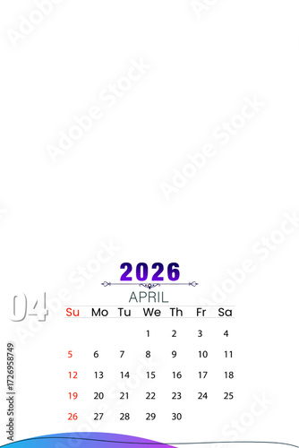 April 2026 wall calendar template isolated on transparent background, AI Illustrator editable vector artwork for printable monthly planner and modern digital design