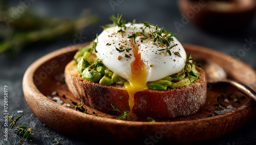 Avocado toast with poached egg and herbs on rustic plate