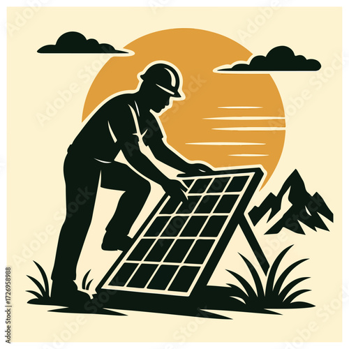 Solar Panel Installer — Renewable Energy Technician Working, Eco Power Vector