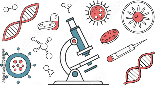 Modern scientific research tools and objects for experiments, representing medical innovation, pharmaceutical breakthroughs, and future technology research