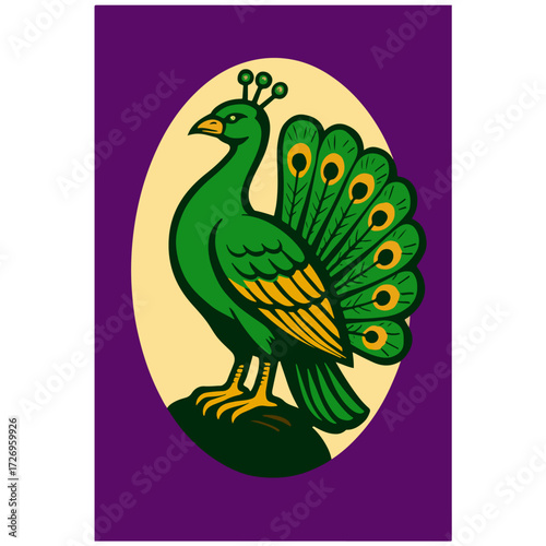 Peacock with Fanned Tail — Exotic Bird Ornament Oval Poster Vector