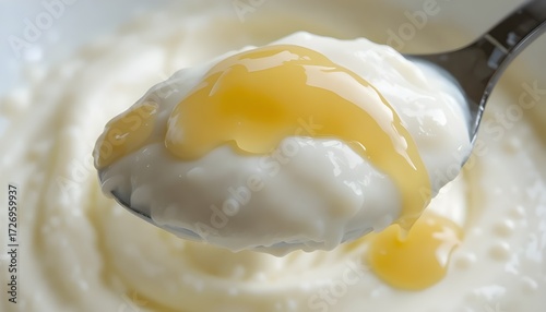 A spoonful of yogurt with honey drizzle, soft and creamy