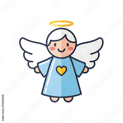 Cute cartoon angel illustration with wings, halo, and a heart emblem on its blue robe, symbolizing innocence and divine presence