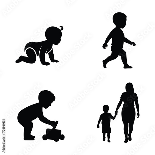 Diverse family moments silhouette icons representing childhood stages and parental love