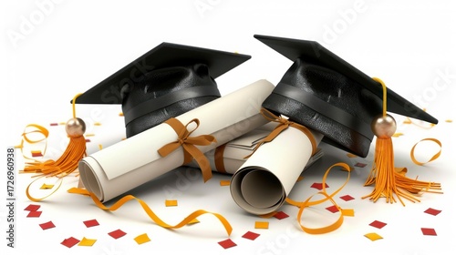 Graduation ceremony decorations with diplomas, caps, and confetti in bright colors for celebratory themes and educational achievements