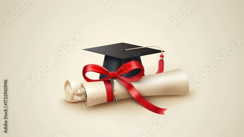 Graduation cap and diploma with ribbon in a light background representing education success and achievement in academic journeys.
