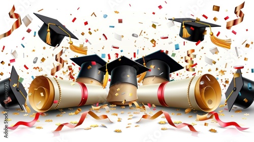 Colorful Graduation Celebration with Caps, Diplomas, and Confetti Against a Bright Background