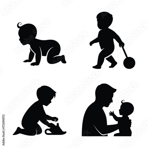 Four silhouettes show baby's growth milestones from crawling to fatherhood moments