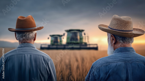 Farmers Watching AI-Powered Tractors Harvesting Fields at Sunset, Futuristic Agricultural Technology Scene, Modern Farming and Innovation Illustration