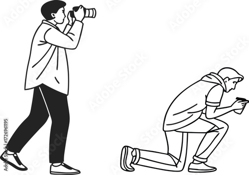 Two photographers in action, capturing moments with passion and skill, perfect for illustrating creative pursuits and the art of photography, originally a scalable vector