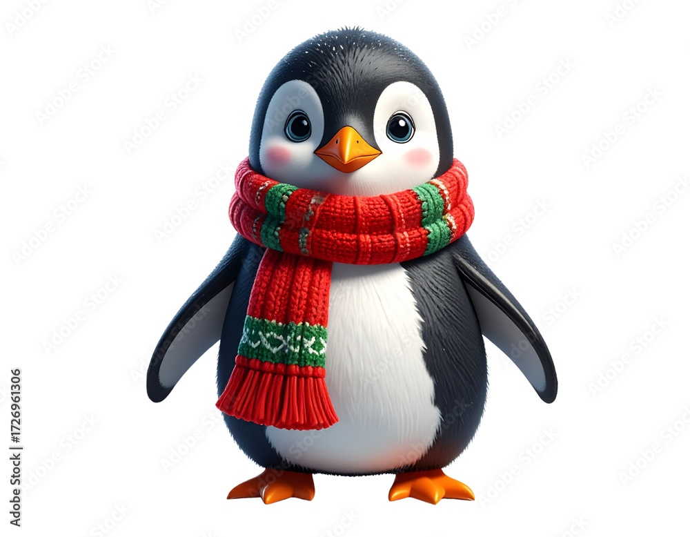 Fototapeta premium Cute Cartoon Penguin Full Body with Winter Scarf PNG Transparent Background