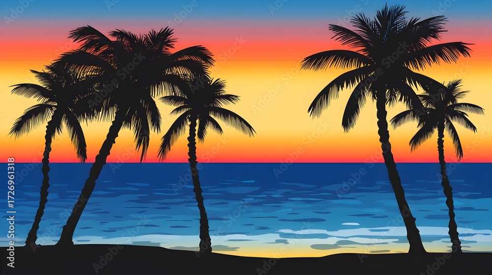 Obraz premium Silhouette Palm Trees Tropical Ocean Sunset Beach Scene