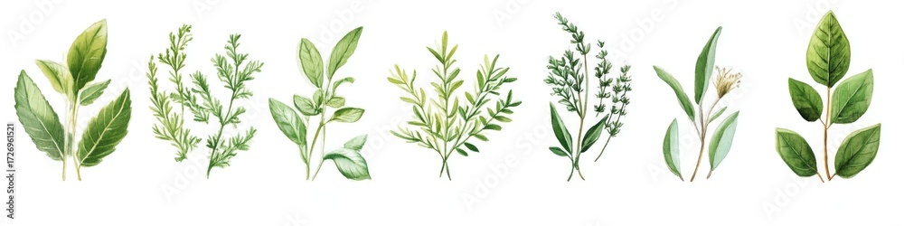 Naklejka premium Fresh culinary herb collection on white background for kitchen decor and nature enthusiasts