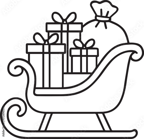 Christmas Sleigh with Presents: A festive black and white illustration of a classic Christmas sleigh, piled high with beautifully wrapped gift boxes, suggesting anticipation, excitement and joy.