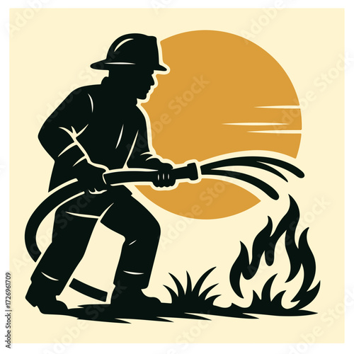 Firefighter Extinguishing Flames — Emergency Rescue Worker Silhouette Vector