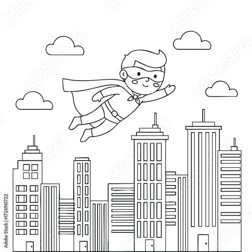 A cheerful superhero character soaring through a city skyline filled with tall buildings and clouds above.