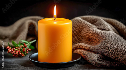 Single lit yellow candle glowing warmly on dark background, creating cozy, calm atmosphere with soft flickering flame light