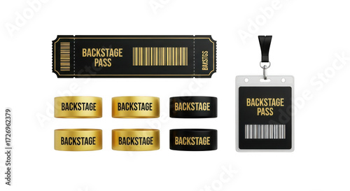 A backstage pass ticket and several backstage pass wristbands arranged on a transparent background