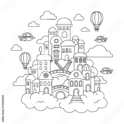 A whimsical townscape featuring floating hot air balloons and playful aircraft amid fluffy clouds and charming buildings