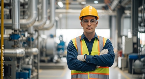 Confident male engineer in safety gear stands with arms crossed in an industrial factory setting with pipes and machinery.
