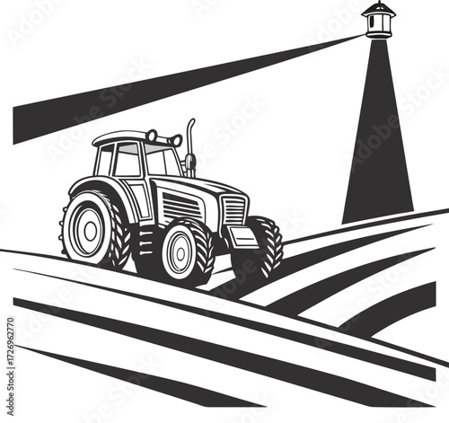 Powerful tractor plowing fertile fields under bright lighthouse beam, symbolizing guidance and agricultural progress.