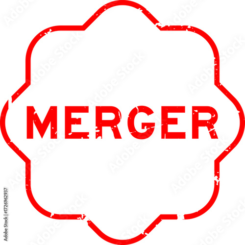Grunge red merger word square rubber seal stamp on white background