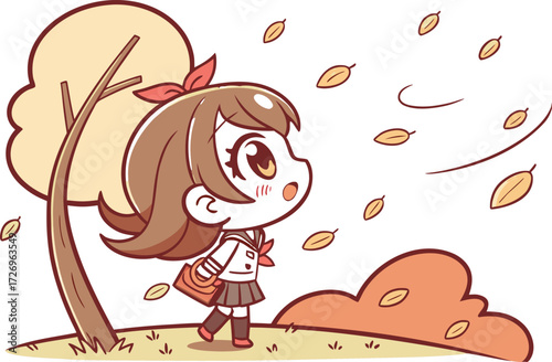 Magical school girl with autumn leaves – anime vector