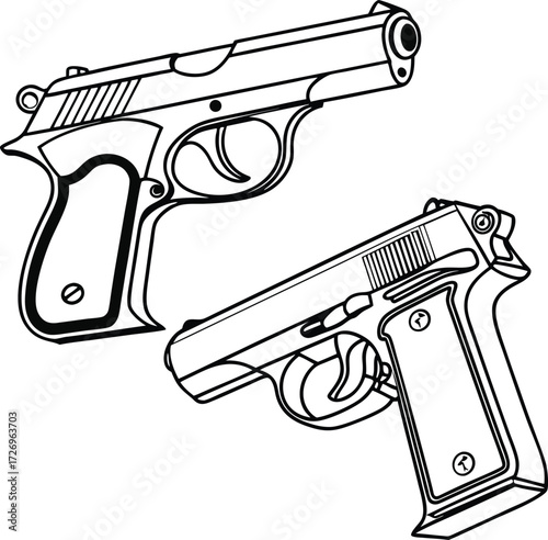 Dynamic duo of sleek handguns presented with crisp linework, perfect for action, security, or design projects seeking a powerful visual statement.