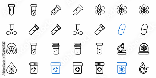 Medical and scientific icon set: test tubes, pills, microscope, and more