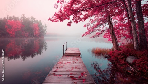 Misty autumn lake scene with a wooden dock and vibrant pink trees