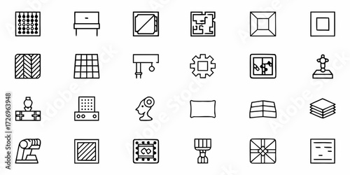 Collection of line art icons: furniture, tools, and objects