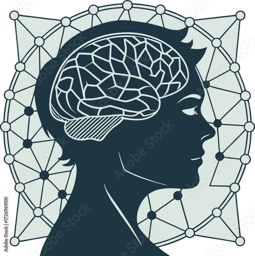 Dynamic profile silhouette reveals intricate brain network, symbolizing cognition, intelligence, and complex thought processes for innovative concepts.