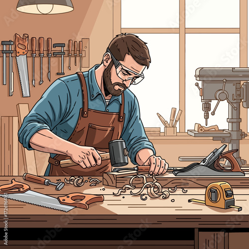 Skilled craftsman meticulously carving wood with hammer and chisel, surrounded by tools in a bright, well-equipped workshop, creating custom pieces with precision and passion.