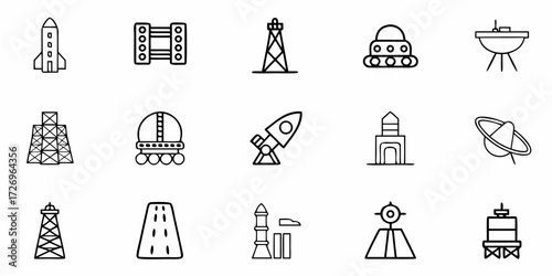 Line art icon sheet of space exploration and infrastructure