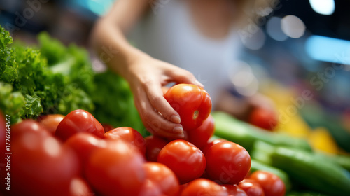 Womanâs hand selecting tomatoes, grocery counter lined with assorted veggies