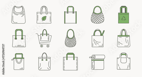 Eco-Friendly Tote Bags Collection, Illustrative Design, Minimalist Style, Green Theme, Graphic Art