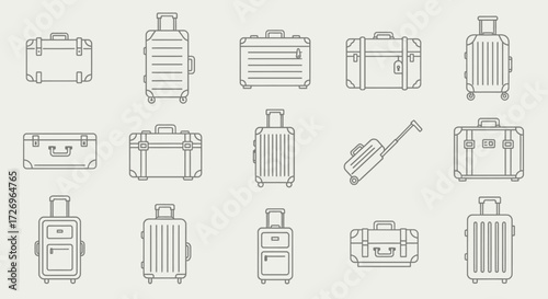 Travel Luggage Collection, Minimalist Design, Digital Illustration, Modern Style, Neutral Background, Top Viewpoint, Travel Essentials