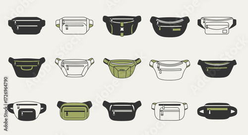 Stylish Fanny Packs Collection, Fashion Accessories, Urban Environment, Illustration, Modern Design, Creative Viewpoint, Trendy Concept