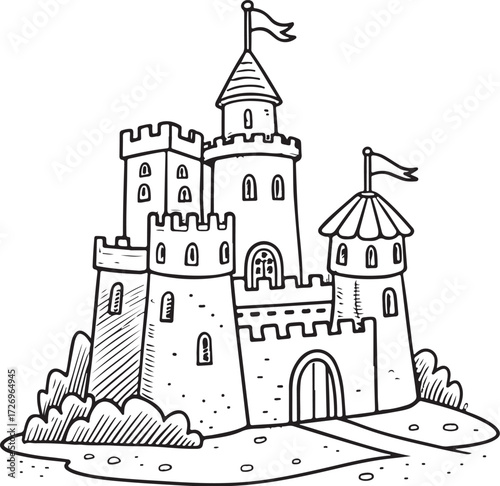 Sandcastle Holiday Vacation Summer Travel Hand-drawn Vector Illustration, Sketch Drawing Doodle Line Linear Symbol Icon Engraving Coloring Book, Black and White Isolated