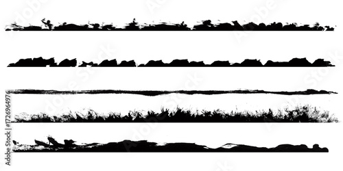 Four grunge brush stroke lines isolated on transparent background, abstract artistic elements for design