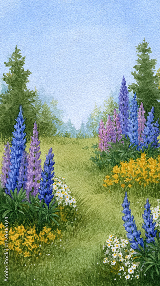Fototapeta premium A Vibrant Scene of Blooming Lupins and Wildflowers in a Serene Nature Landscape Surrounded by Lush Greenery Under a Clear Sky