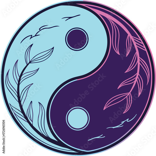 Elegant Yin Yang symbol with delicate floral vines represents balance and harmony, perfect for wellness and spiritual concepts.